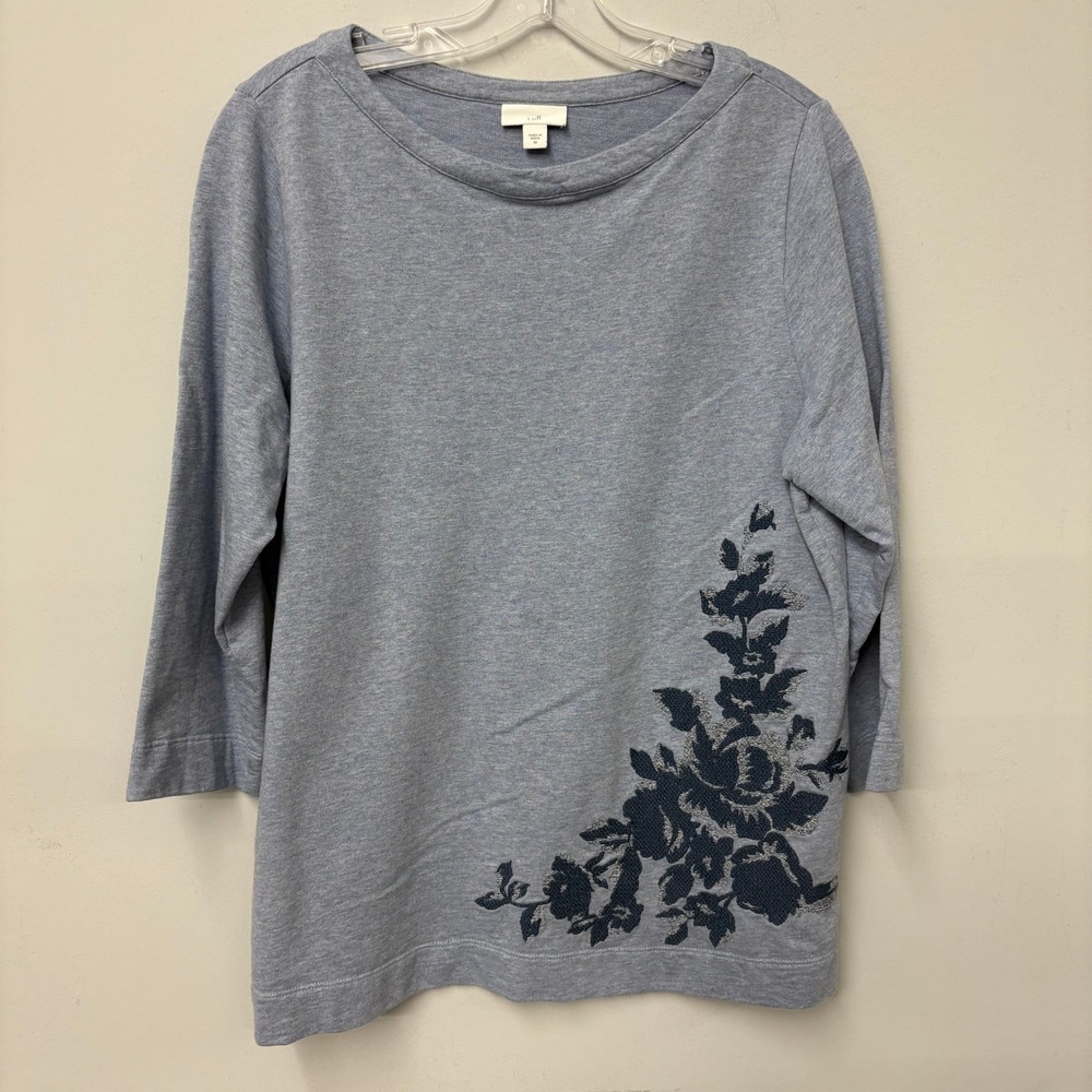 J. Jill Blue Floral Embroidered French Terry Top 3/4 Sleeve Boat Neck Womens M